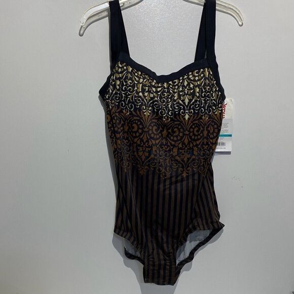 Maxine Women's Brown Black Mixed Print Square Neck Swimsuit Size 16 NWT - Picture 1 of 7